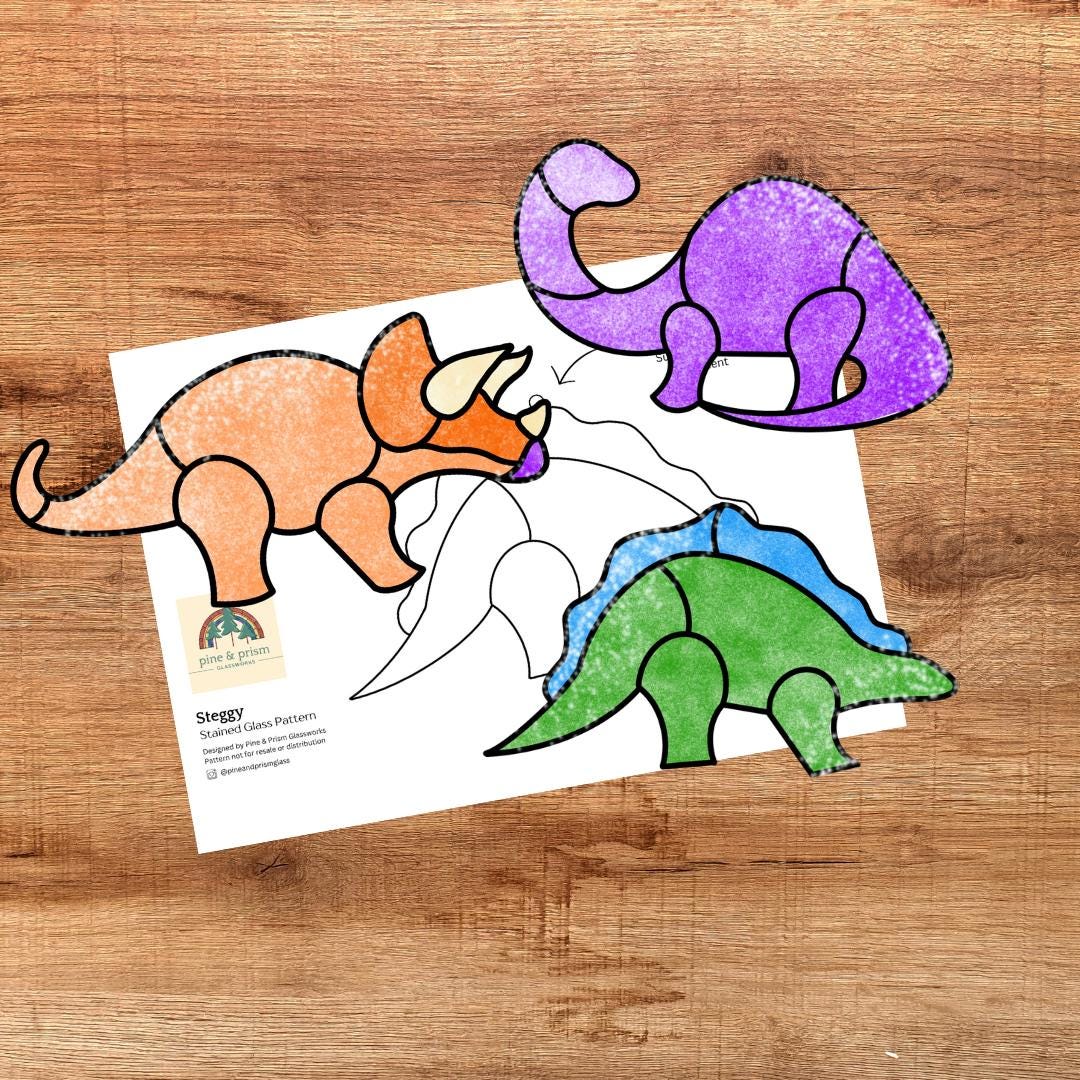 Dinosaur Stained Glass Pattern Bundle, Stegosaurus, Triceratops, Brontosaurus, Prehistoric, Suncatcher, DIY Stained Glass, Digital Download