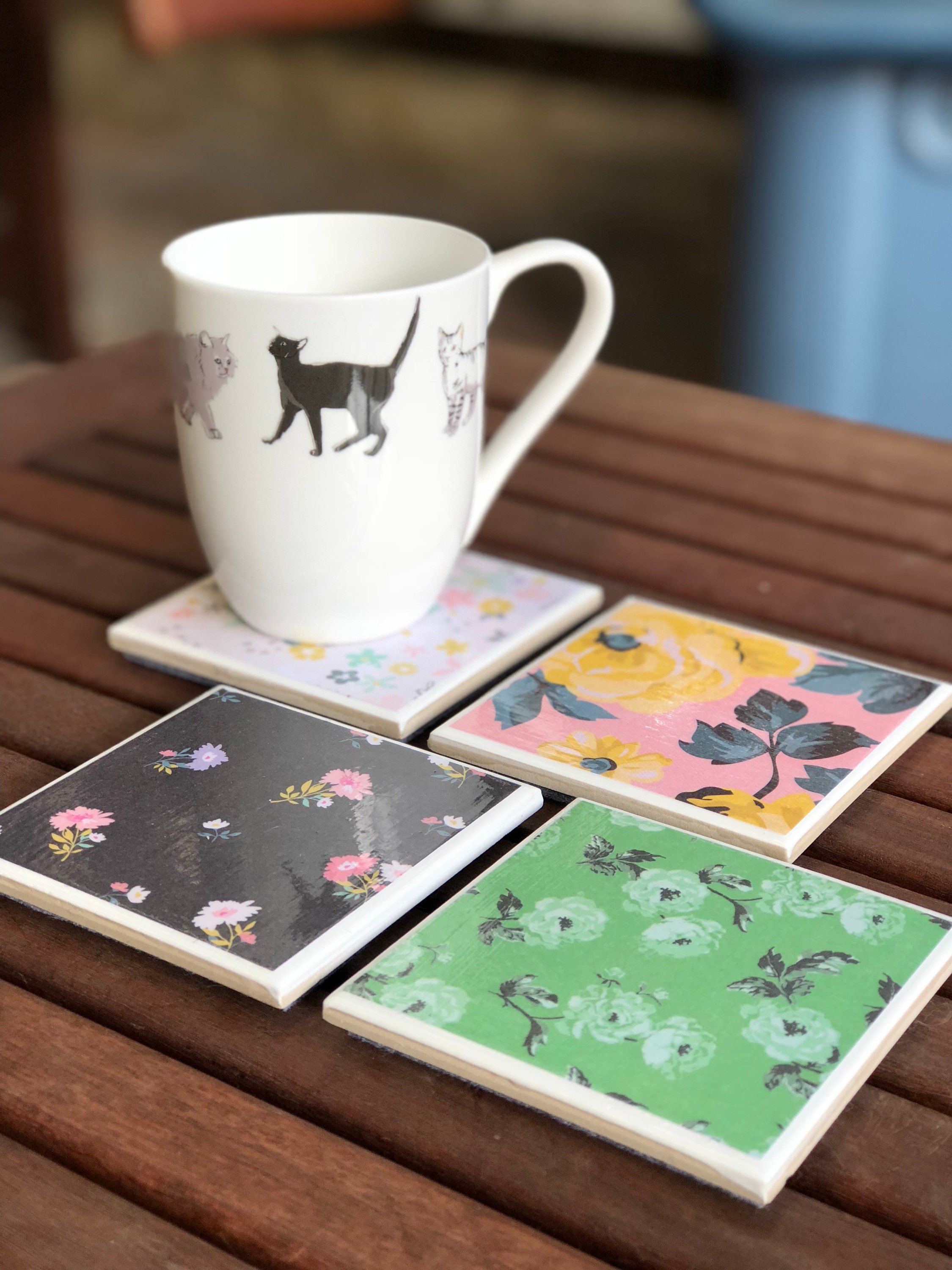 Colourful tile coaster set floral coasters drink coasters Etsy