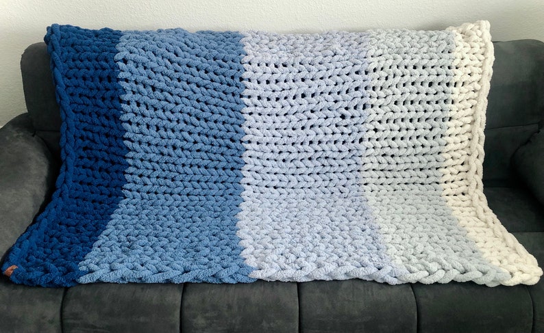 Blue Ombré Chunky Plush Chenille Throw BlanketVegan, hypoallergenic, striped, hand knitted, yarn, kid-friendly, pet-friendly, FREE SHIPPING image 2