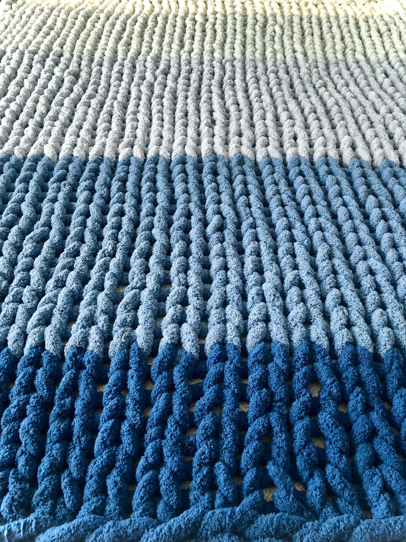 Blue Ombré Chunky Plush Chenille Throw BlanketVegan, hypoallergenic, striped, hand knitted, yarn, kid-friendly, pet-friendly, FREE SHIPPING image 3