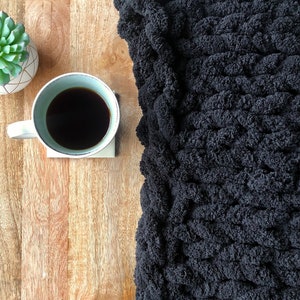 Black Chunky Plush Chenille Throw Blanket Vegan, hypoallergenic, solid, bulky, hand knitted, chenille yarn, kid/pet friendly, FREE SHIPPING image 5