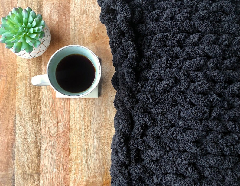 Black Chunky Plush Chenille Throw Blanket Vegan, hypoallergenic, solid, bulky, hand knitted, chenille yarn, kid/pet friendly, FREE SHIPPING image 5