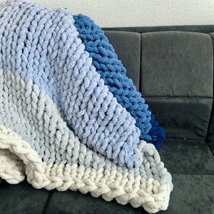 Blue Ombré Chunky Plush Chenille Throw BlanketVegan, hypoallergenic, striped, hand knitted, yarn, kid-friendly, pet-friendly, FREE SHIPPING image 8