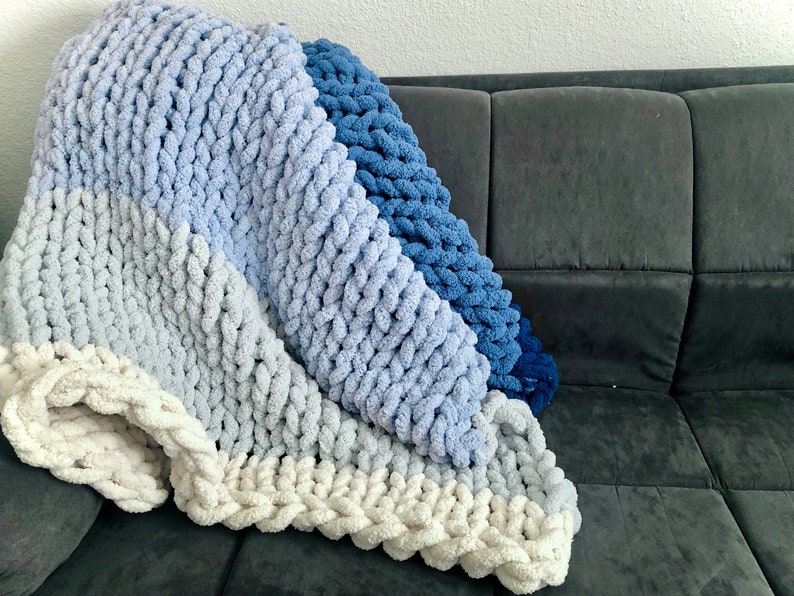 Blue Ombré Chunky Plush Chenille Throw BlanketVegan, hypoallergenic, striped, hand knitted, yarn, kid-friendly, pet-friendly, FREE SHIPPING image 8