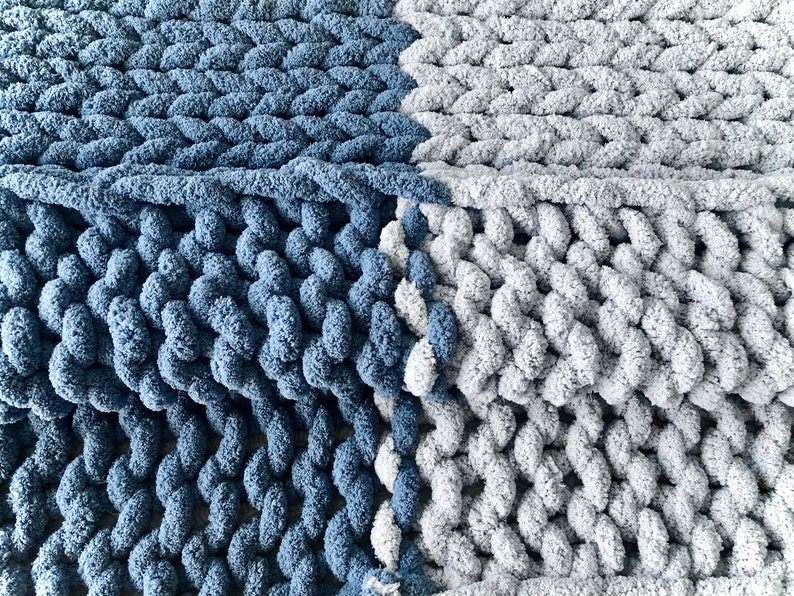 Blue Ombré Chunky Plush Chenille Throw BlanketVegan, hypoallergenic, striped, hand knitted, yarn, kid-friendly, pet-friendly, FREE SHIPPING image 6