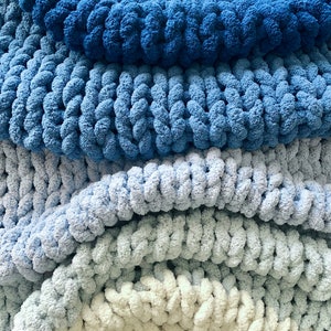 Blue Ombré Chunky Plush Chenille Throw BlanketVegan, hypoallergenic, striped, hand knitted, yarn, kid-friendly, pet-friendly, FREE SHIPPING image 1