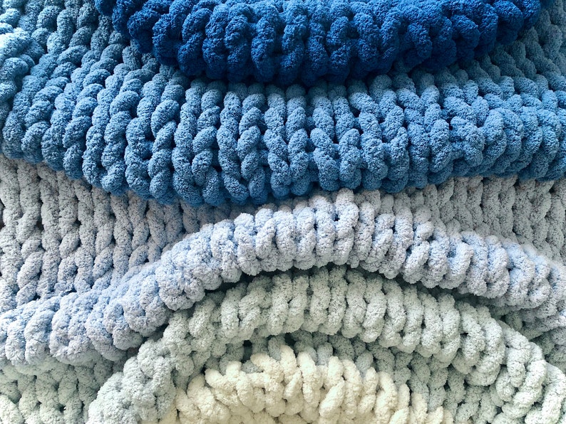 Blue Ombré Chunky Plush Chenille Throw BlanketVegan, hypoallergenic, striped, hand knitted, yarn, kid-friendly, pet-friendly, FREE SHIPPING image 1