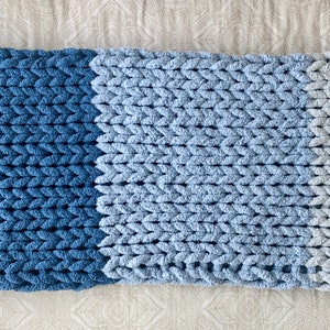 Blue Ombré Chunky Plush Chenille Throw BlanketVegan, hypoallergenic, striped, hand knitted, yarn, kid-friendly, pet-friendly, FREE SHIPPING image 5
