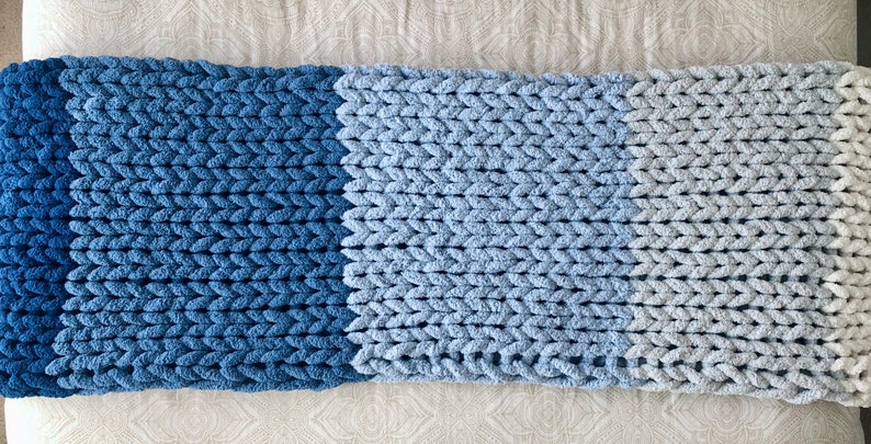 Blue Ombré Chunky Plush Chenille Throw BlanketVegan, hypoallergenic, striped, hand knitted, yarn, kid-friendly, pet-friendly, FREE SHIPPING image 5