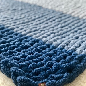 Blue Ombré Chunky Plush Chenille Throw BlanketVegan, hypoallergenic, striped, hand knitted, yarn, kid-friendly, pet-friendly, FREE SHIPPING image 4