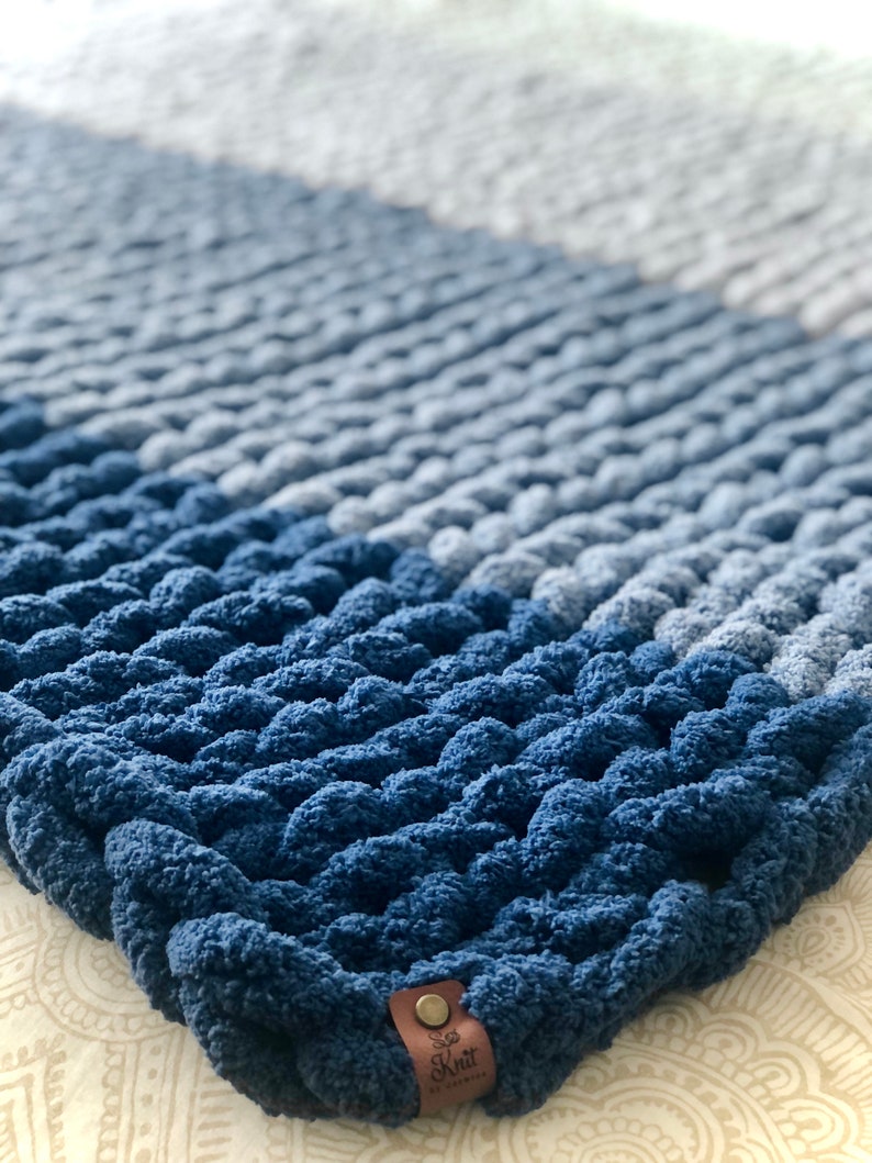 Blue Ombré Chunky Plush Chenille Throw BlanketVegan, hypoallergenic, striped, hand knitted, yarn, kid-friendly, pet-friendly, FREE SHIPPING image 4