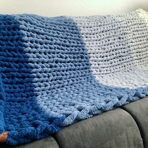 Blue Ombré Chunky Plush Chenille Throw BlanketVegan, hypoallergenic, striped, hand knitted, yarn, kid-friendly, pet-friendly, FREE SHIPPING image 7