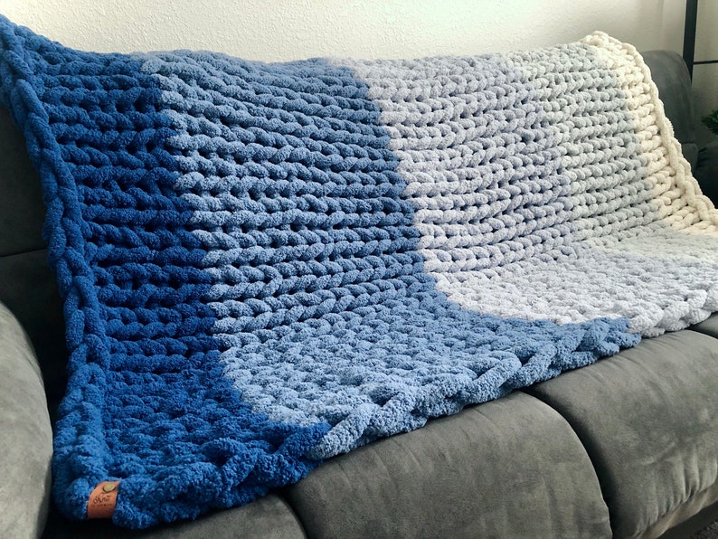 Blue Ombré Chunky Plush Chenille Throw BlanketVegan, hypoallergenic, striped, hand knitted, yarn, kid-friendly, pet-friendly, FREE SHIPPING image 7