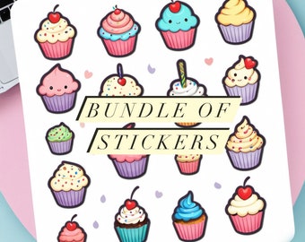 Niedliche Cupcake PNG Aufkleber, Kawaii Cupcake PNG Aufkleber, Geburtstagskuchen Clipart Bundle, sofortiger digitaler Aufkleber Download