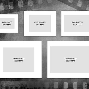 May include: A collection of five white photo mats with gray interiors, each labeled with dimensions. The mats are arranged on a textured, grayscale background. The sizes include 5x7, 8x10, 8x12, 11x14, and 12x18 inches.