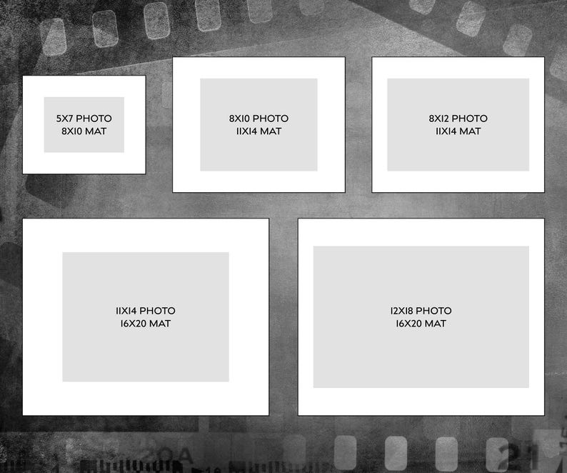 May include: A collection of five white photo mats with gray interiors, each labeled with dimensions. The mats are arranged on a textured, grayscale background. The sizes include 5x7, 8x10, 8x12, 11x14, and 12x18 inches.
