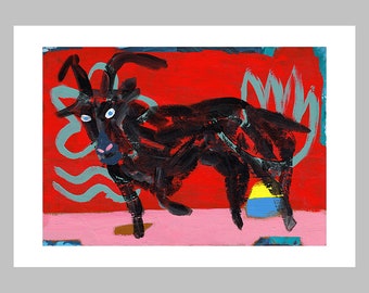 Billy Goat, Contemporary Art, Naive Style, Giclee Print, Boho Wall Art
