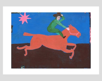 Cowboy, Bold Colourful Illustration, Giclee Print, Folk Art