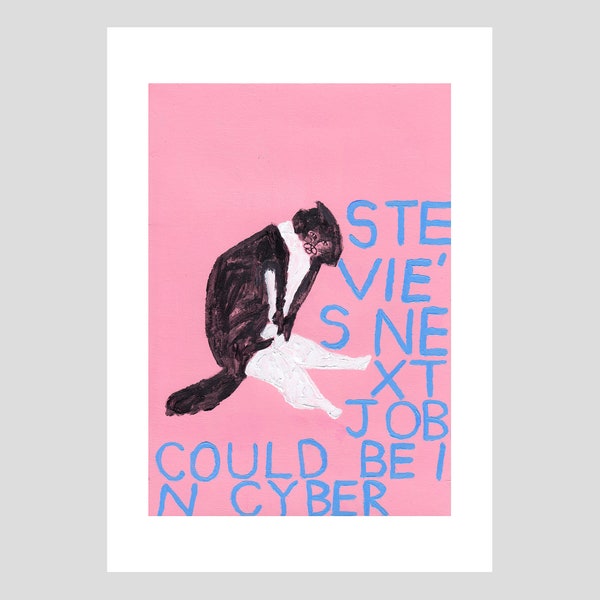 Stevie's Next Job Could Be In Cyber, Cat Painting, Bold Colourful Illustration, Giclee Print, Folk Art