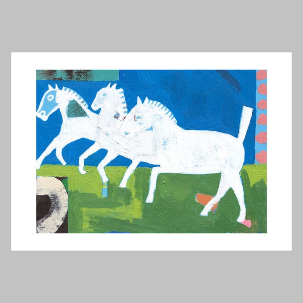 White Horses, Contemporary Art, Giclee Print, Naive Style, Folk Art