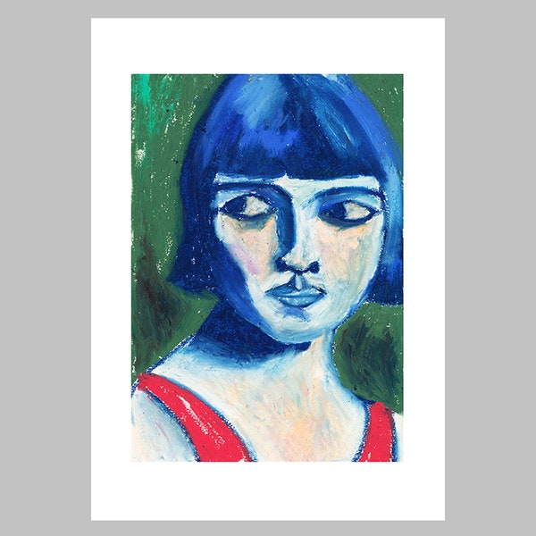 Expressive Portrait Art, Oil Pastel Drawing, Giclee Print, Boho Wall Art