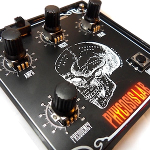 Może przedstawiać: Czarna metalowa skrzynka z czarno-białym nadrukiem czaszki, trzema pokrętłami oznaczonymi jako "Volts", "Amps" i "Frequency". Skrzynka ma również czarny przycisk oznaczony jako "Shock" i napis "Psychosis Lab" w kolorze pomarańczowym.