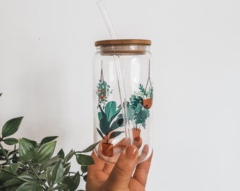 Boho Plant Glass Cup, Bamboo Lid & Straw, Iced Coffee Cup, Iced Drink, Glass Can, Plants, Macrame