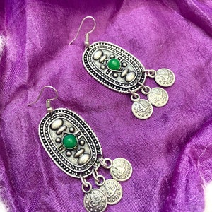 Central Asian Dangle Earrings: Silk Road Inspired Green Stone