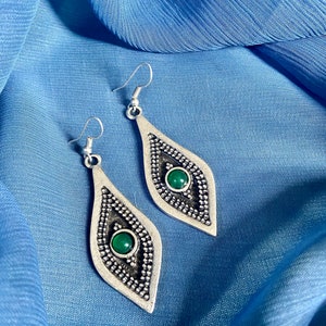 Vintage Kyrgyz Dangle Earrings: Central Asian Green Stone Jewelry