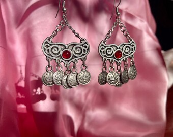 Traditional Kyrgyz ornaments earrings beautiful black stone. Charming dangling earrings with Kyrgyz national patterns with notes of history.