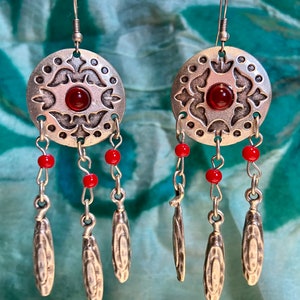 Central Asian Dangle Earrings: Silk Road Inspired, Red Stone