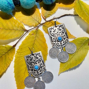 Kyrgyz Coin Dangle Earrings: Turquoise Stone, Central Asian Design