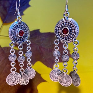 Central Asian Dangle Earrings: Silk Road Inspired, Red Stone