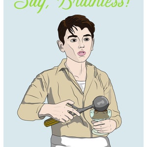 May include: A cartoon illustration of a man in a tan shirt and white apron holding a scoop of ice cream over a glass. The text "Say, Brainless!" is written in green cursive above the man. The text "Life or Bust" is written in green cursive below the man.