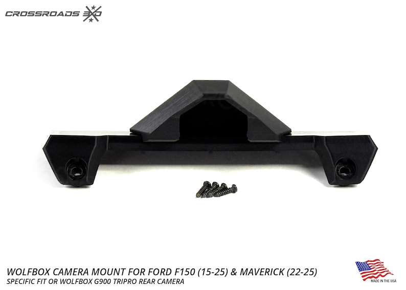 以下が含まれることがあります： Ford F150 (15-25) & Maverick (22-25) 用の黒い Wolfbox カメラマウント。マウントにはネジが含まれています。「CROSSROADS」の文字が上部にあります。アメリカ製。