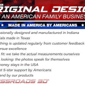 以下が含まれることがあります： 「ORIGINAL DESIGN BY AN AMERICAN FAMILY BUSINESS」と「MADE IN AMERICA BY AMERICANS」というテキストが書かれたグラフィック。デザイン、素材、カスタマーサポートなど、製品の特徴を強調する追加テキスト。