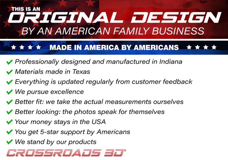 以下が含まれることがあります： 「ORIGINAL DESIGN BY AN AMERICAN FAMILY BUSINESS」と「MADE IN AMERICA BY AMERICANS」というテキストが書かれたグラフィック。デザイン、素材、カスタマーサポートなど、製品の特徴を強調する追加テキスト。