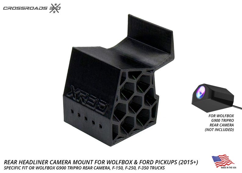 May include: Black rear headliner camera mount for Wolfbox and Ford pickups. The mount has a unique honeycomb design and is compatible with the G900 Tripro rear camera. The text "XR35" is visible on the mount.