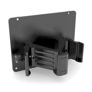 May include: A black metal bracket with a rectangular backplate and a complex, angular mounting structure. The bracket has a textured finish and includes a screw for adjustment. The design suggests it is for mounting equipment.