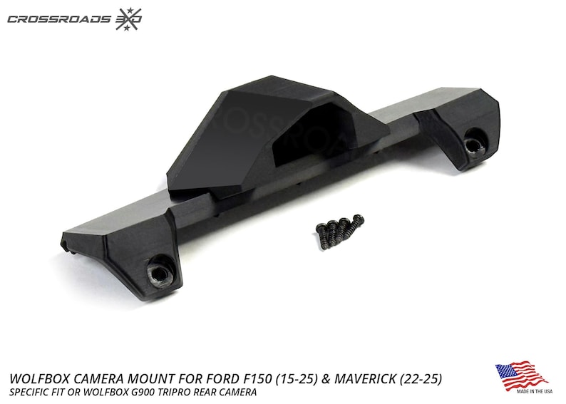 以下が含まれることがあります： フォードF150（15-25）およびマーベリック（22-25）用の黒いWolfboxカメラマウント。マウントは耐久性のある素材で作られており、ネジのセットが含まれています。画像には「WOLFBOX CAMERA MOUNT FOR FORD F150（15-25）＆MAVERICK（22-25）」と書かれています。