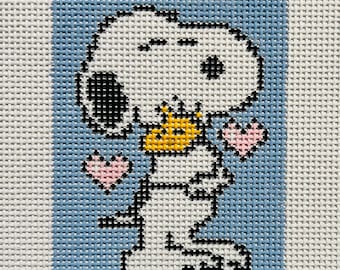 Adorno de San Valentín de Snoopy bordado en Woodstock, regalo, lienzo Zweigart de 13 hilos