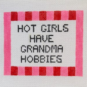 May include: A needlepoint canvas with the text "HOT GIRLS HAVE GRANDMA HOBBIES" in black. The text is centered within a pink and red striped border on a white background. The canvas is made of a woven material.