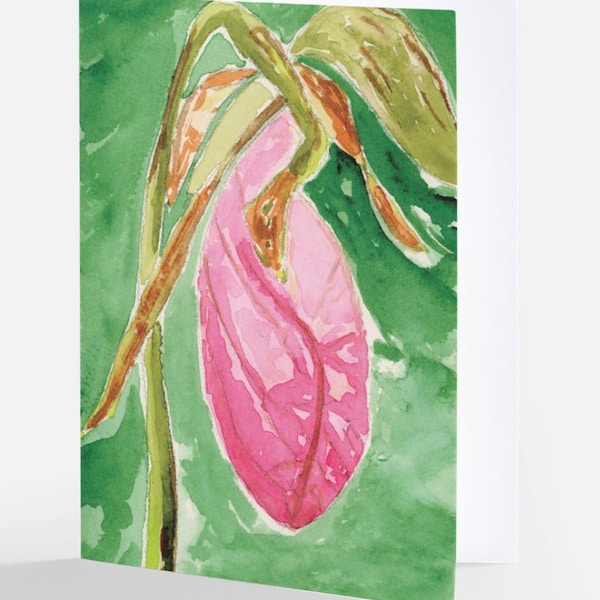 Blank Greeting Card Floral Watercolor Greeting Card All Occassion Blank Greeting Card Pink Lady Slipper Greeting Card Flower Pink Blank