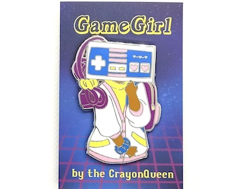 gameboy game girl gamegirl enamel pin 80s tech technology nostalgia gift girl woman fashion object head birthday retro gaming controller