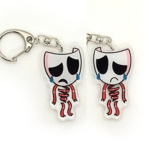 May include: Two clear acrylic keychains with a sad face and red ribbon design. The keychains are attached to silver key rings.