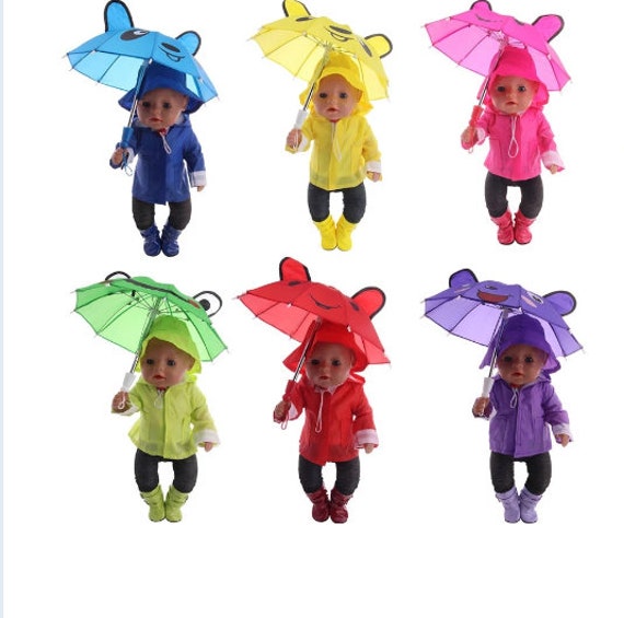 Clothes for Doll Baby Born 6Pcs Rain Set=Hat+T-Shirt+Coat+Pants+Shoes+Umbrella Fit 18 Inch American 43 Cm Born Baby Generation,Girl's Toy