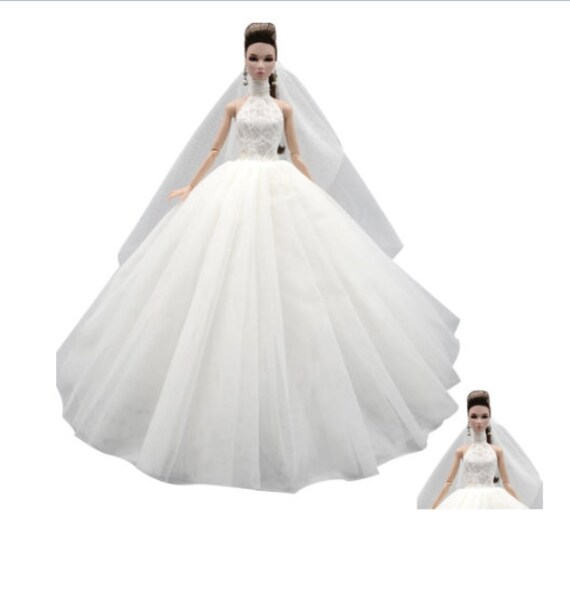 Clothes for Barbie Doll White Wedding Lace Dress Layered Gown + Veil Princess Wear Clothes for Barbie Doll Accessories Dollhouse Toys