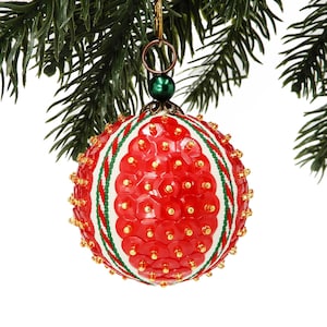Classic Christmas Pin Ornament with Red & Green Ribbon and Bright Satin Red Sequins. Nostalgic Retro Style Holiday Baubles.