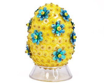Bright Yellow Sequin & Double Blue Flowers Decorative Easter Egg. Retro Spring Bowl and Tiered Tray Filler Decor -or- Easter Tree Ornament.