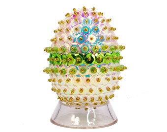 Easter Egg. Green Color Stripe Sparkly Sequin & Czech Glass Beaded. Bowl and Tiered Tray Decoration or Easter Ornament.